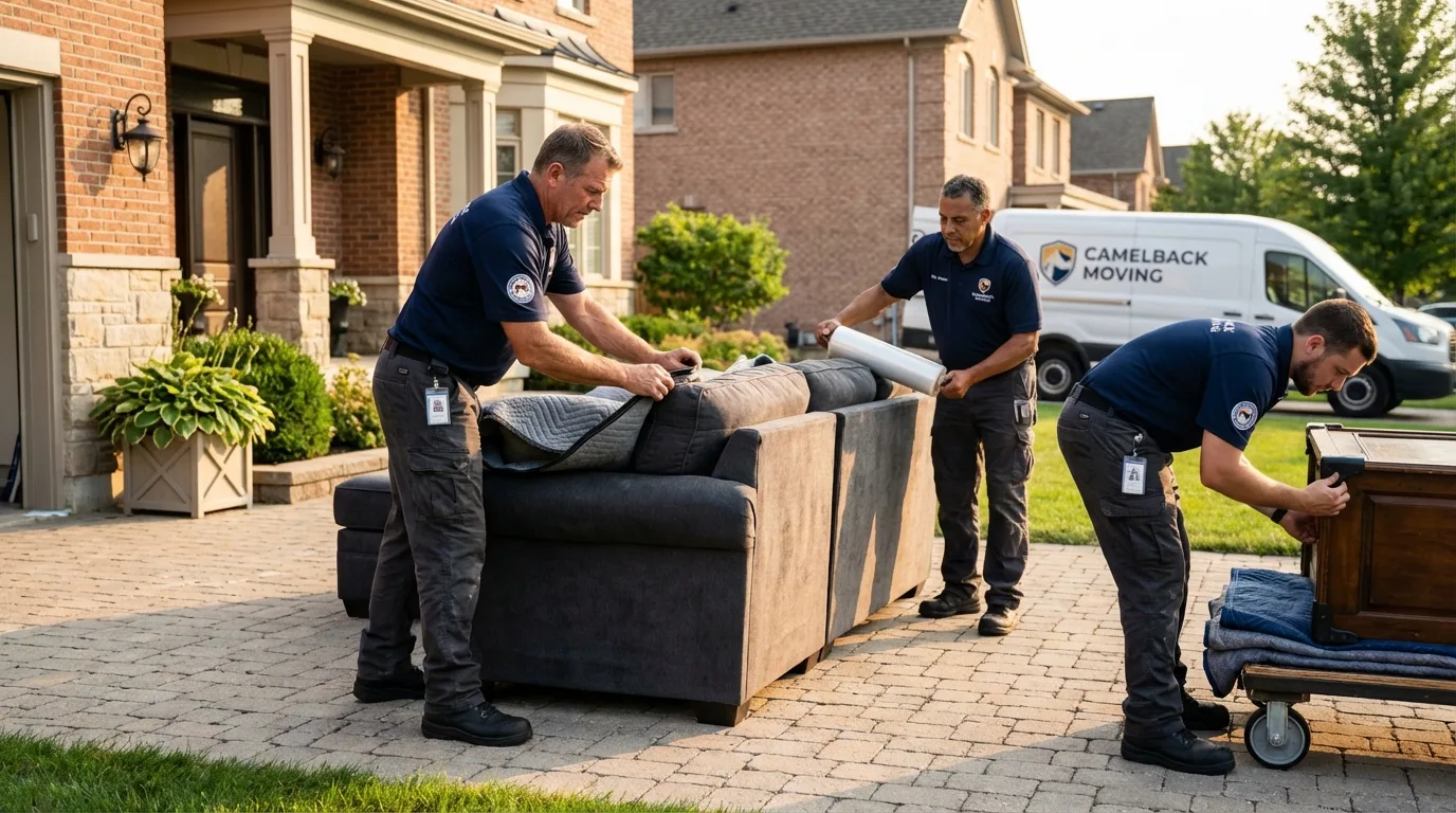 Large estate moving crew wrapping furniture in Westerville, OH