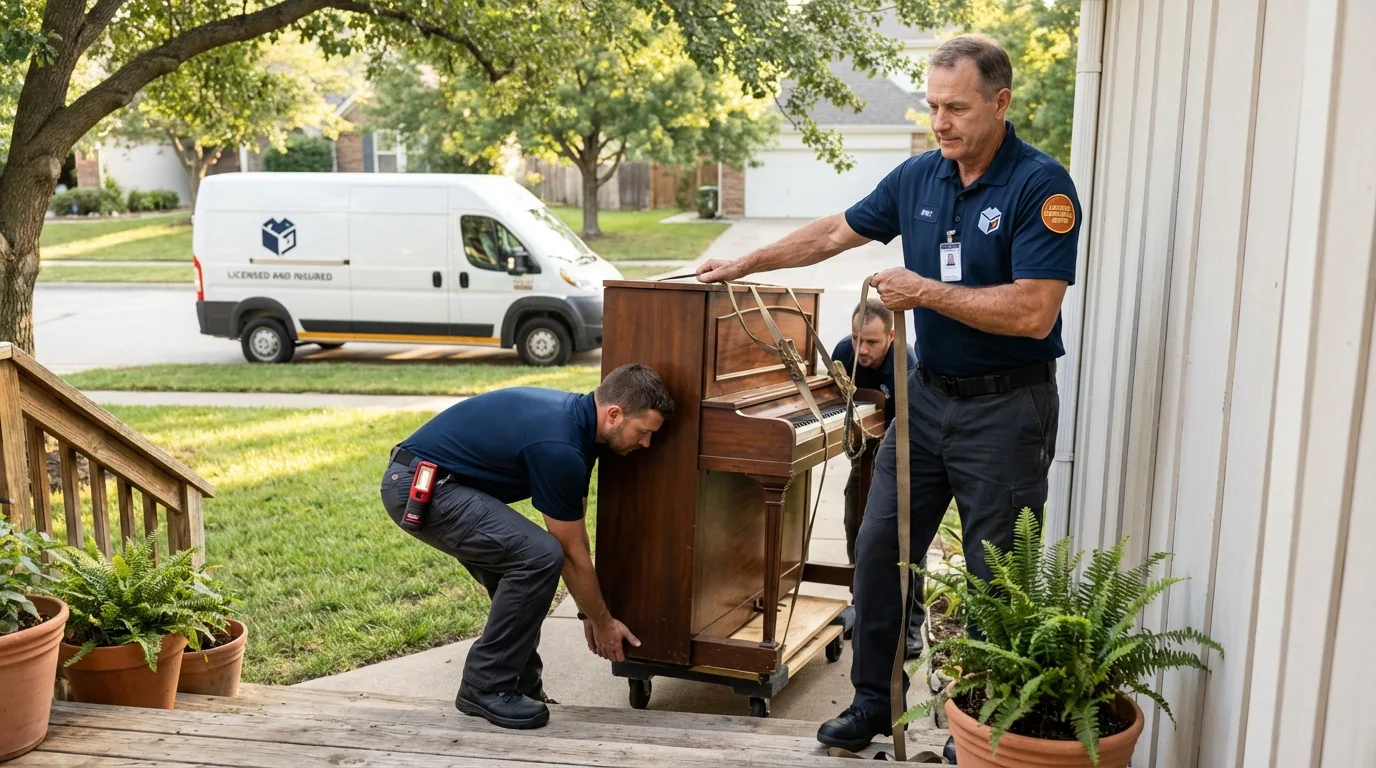 Licensed piano movers securing grand piano in Westerville, OH