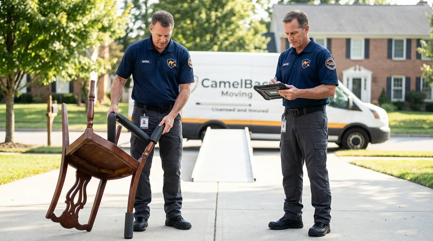 Movers inspecting furniture for damage prevention before loading in Westerville, OH