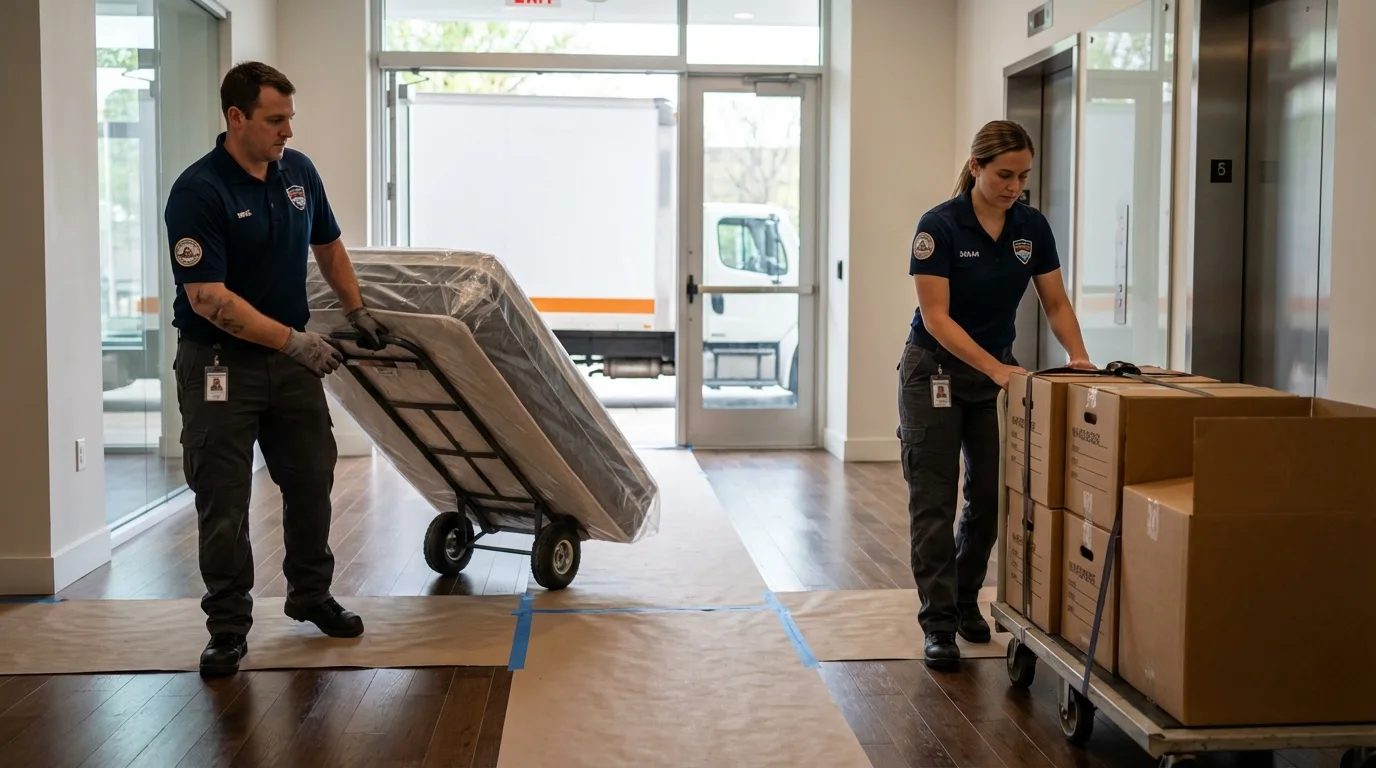 Professional apartment movers loading elevator in Westerville, OH